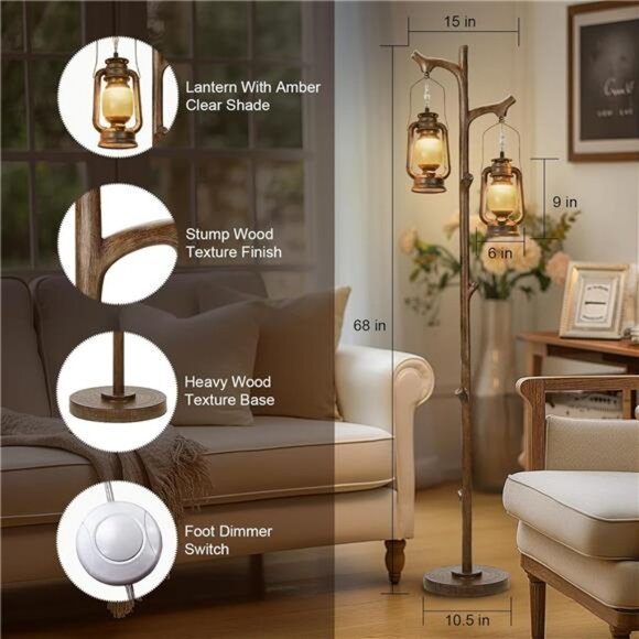 68" Rustic Farmhouse Tree Trunk Floor Lamp Country Brown Finish Wood Vintage - Picture 2 of 7